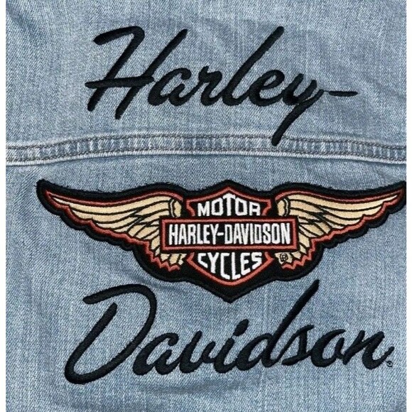 NEW HARLEY DAVIDSON EMBROIDERED WOMEN'S M SILVER WING STRETCH BLACK DENIM JACKET - Picture 8 of 12